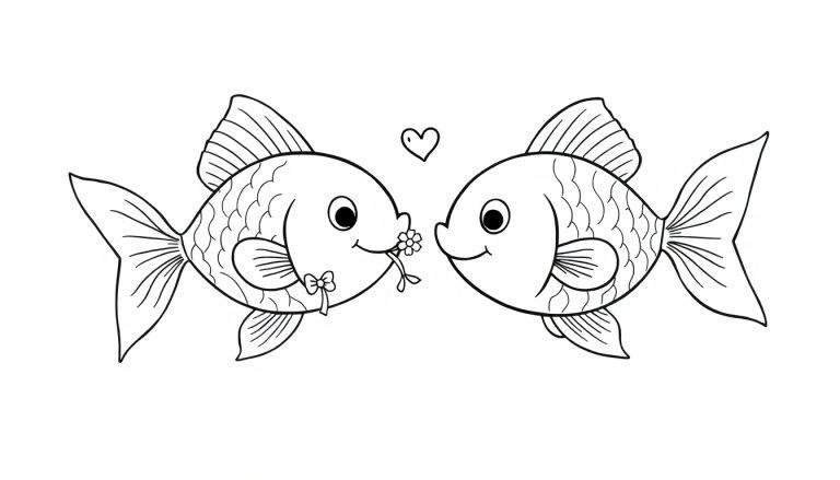 Kleurplaat van twee vrolijke goudvissen die elkaar liefdevol aankijken, met een hartje erboven en een bloem in de mond van één vis.