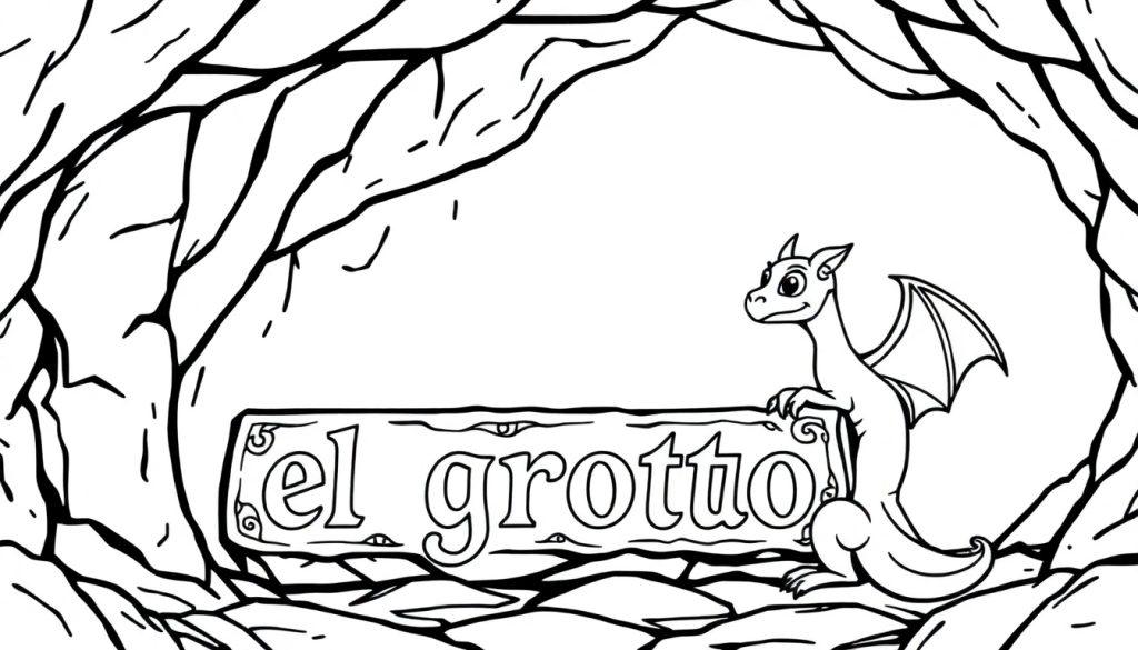 Kleurplaat van een grot met 'el grotto' in fantasy-stijl en een vriendelijke draak.