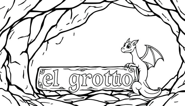 Kleurplaat van een grot met 'el grotto' in fantasy-stijl en een vriendelijke draak.