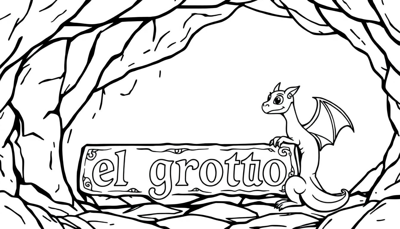 Kleurplaat van een grot met 'el grotto' in fantasy-stijl en een vriendelijke draak.