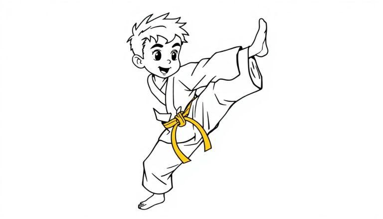 Kleurplaat van een lachende jongen in karatepak met gele band die een hoge trap uitvoert.