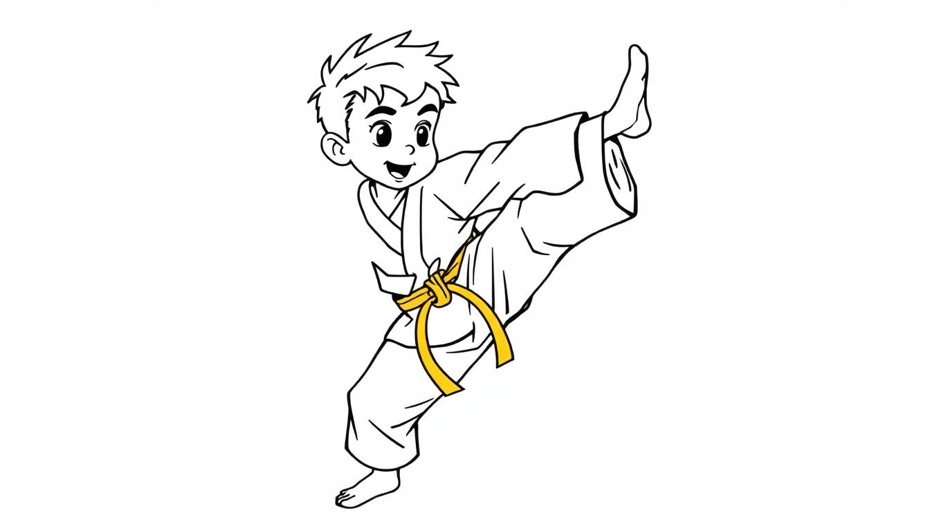 Kleurplaat van een lachende jongen in karatepak met gele band die een hoge trap uitvoert.
