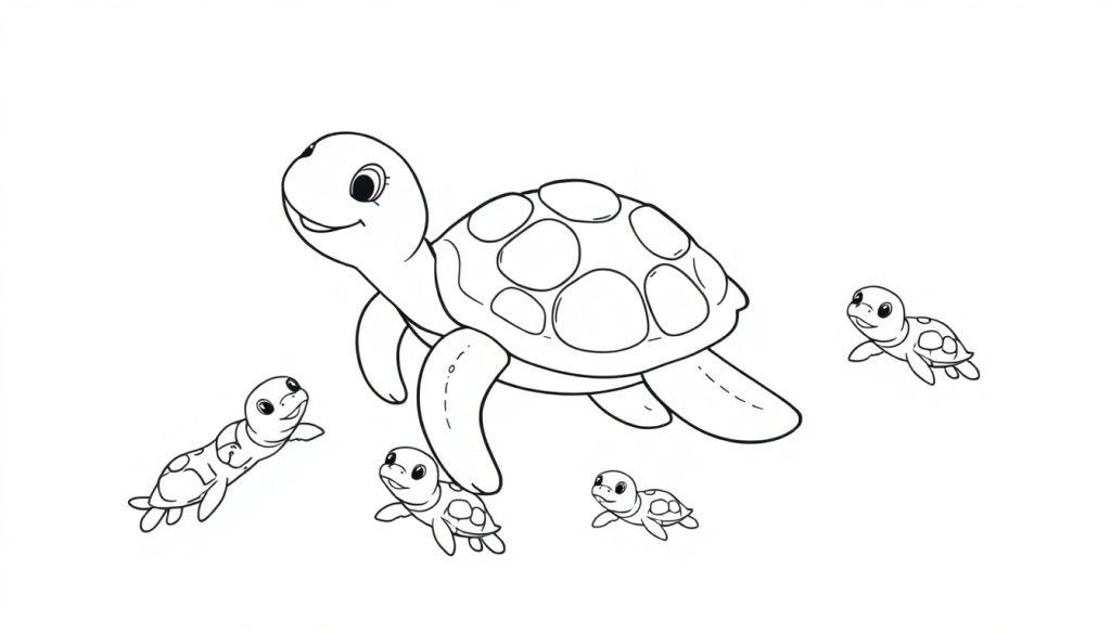 Een vrolijke mama schildpad met vijf baby schildpadjes, een zwart-witte tekening perfect als kleurplaat.