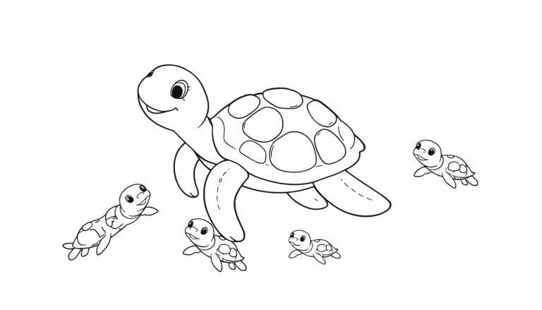 Een vrolijke mama schildpad met vijf baby schildpadjes, een zwart-witte tekening perfect als kleurplaat.