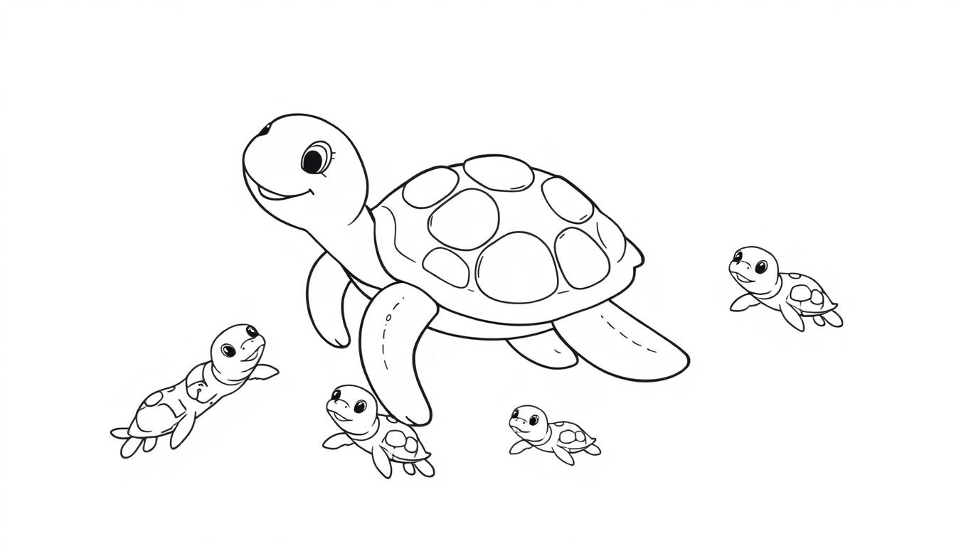 Een vrolijke mama schildpad met vijf baby schildpadjes, een zwart-witte tekening perfect als kleurplaat.