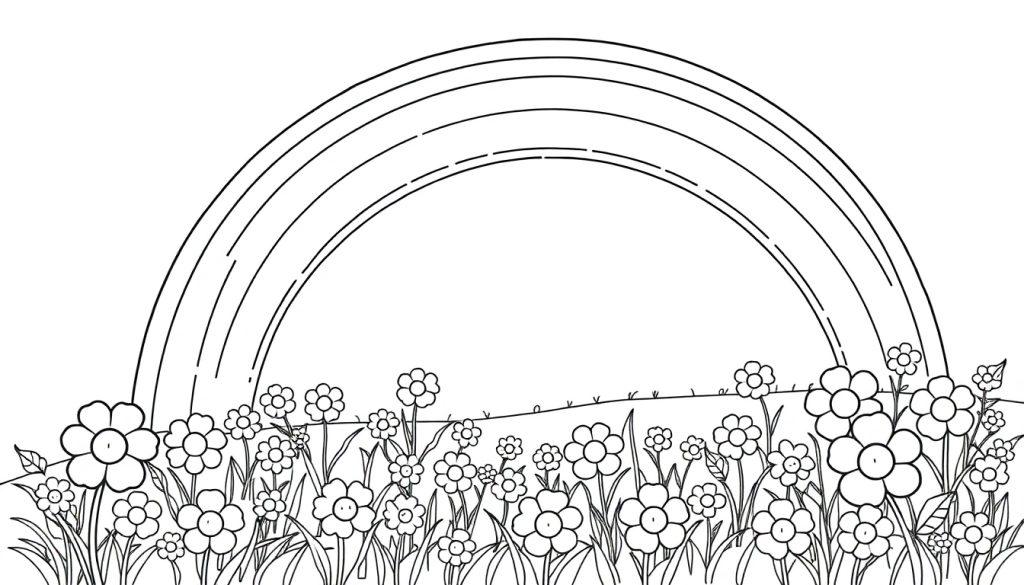 Zwart-wit kleurplaat van een veld vol bloemen onder een regenboog.