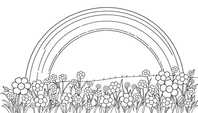 Zwart-wit kleurplaat van een veld vol bloemen onder een regenboog.
