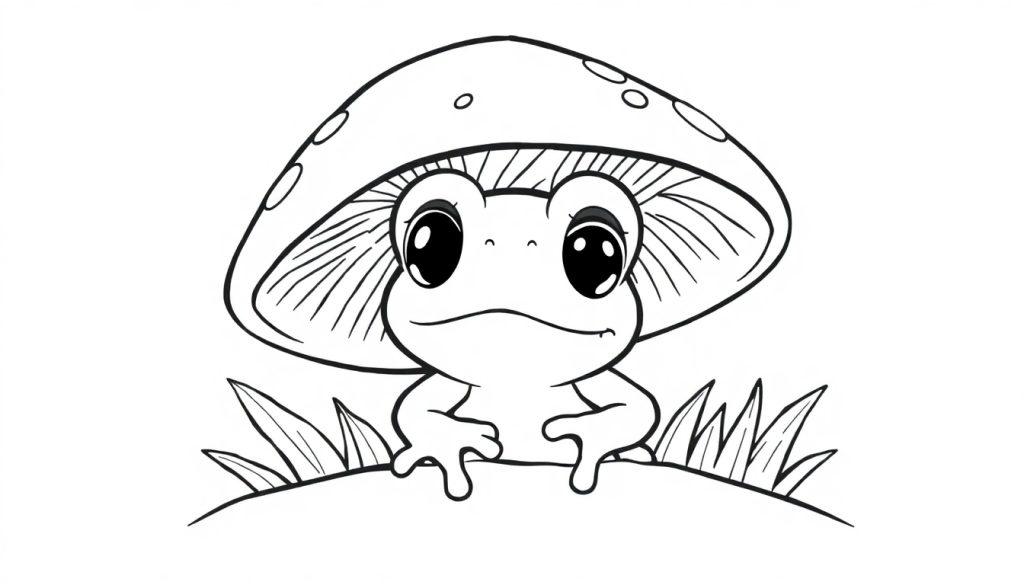 Kleurplaat van een schattige kikker onder een paddenstoel.