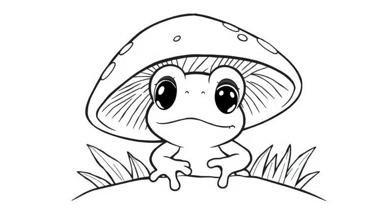 Kleurplaat van een schattige kikker onder een paddenstoel.