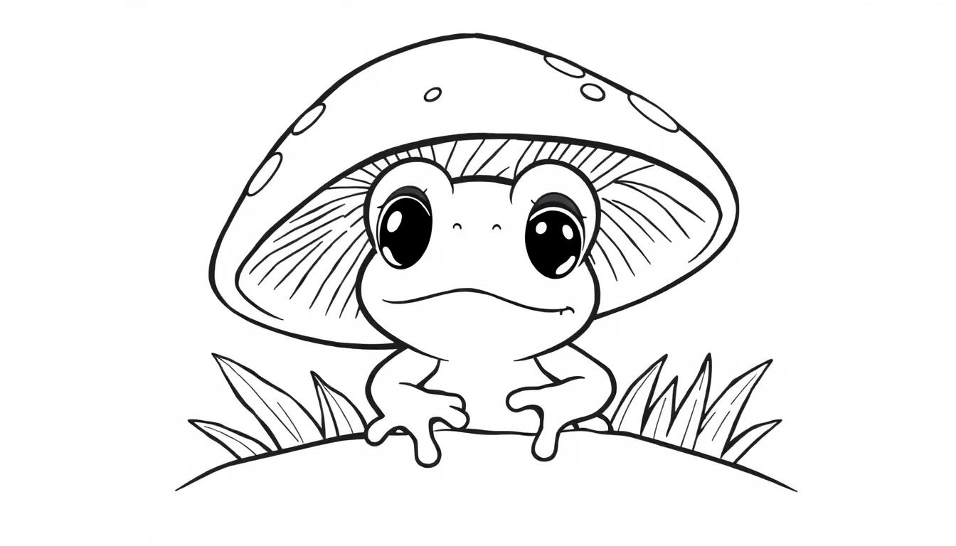 Kleurplaat van een schattige kikker onder een paddenstoel.