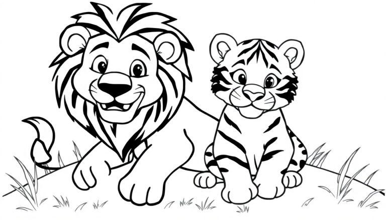 Een simpele kleurplaat van een lachende leeuw en een vriendelijke tijger.