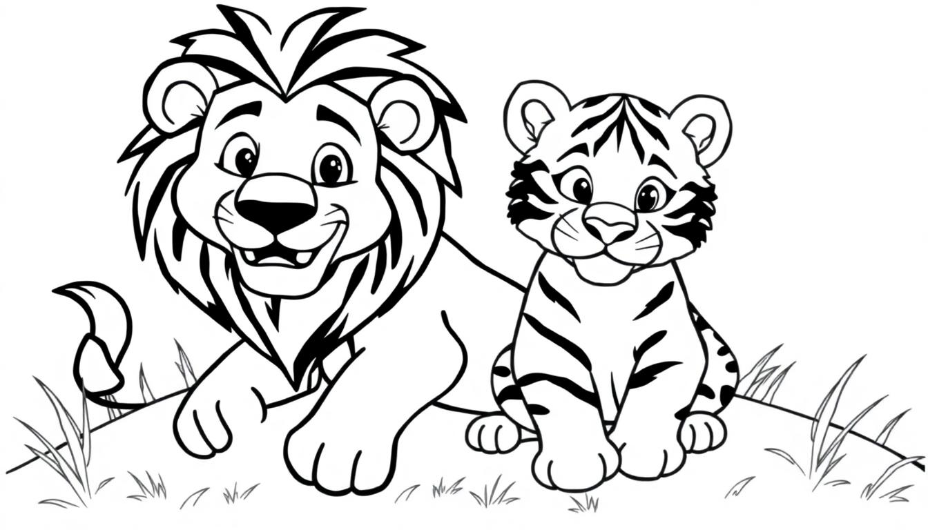 Een simpele kleurplaat van een lachende leeuw en een vriendelijke tijger.