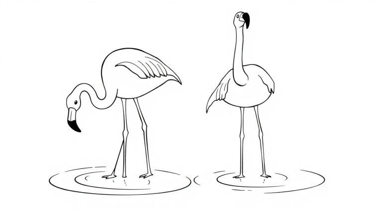 Kleurplaat van twee simpele flamingo's in het water