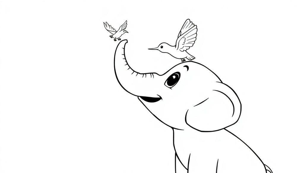 Kleurplaat van een baby olifant met twee vogels, één op zijn hoofd en één op zijn slurf.