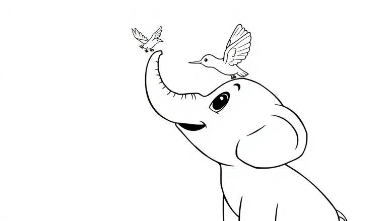 Kleurplaat van een baby olifant met twee vogels, één op zijn hoofd en één op zijn slurf.