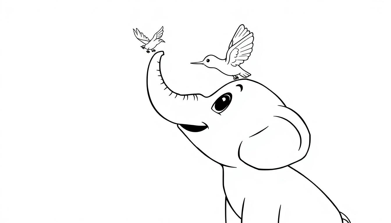 Kleurplaat van een baby olifant met twee vogels, één op zijn hoofd en één op zijn slurf.