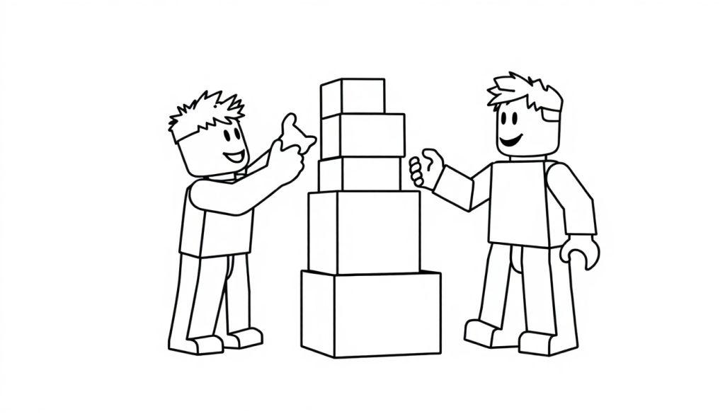 Kleurplaat van twee Roblox-achtige vrienden bij dozen.