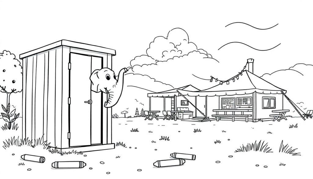 Kleurplaat van een olifant die uit een hokje kijkt met kleurpotloden op de grond.