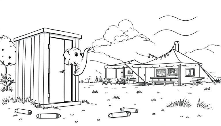 Kleurplaat van een olifant die uit een hokje kijkt met kleurpotloden op de grond.