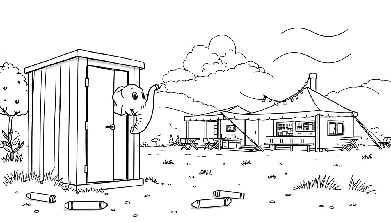 Kleurplaat van een olifant die uit een hokje kijkt met kleurpotloden op de grond.