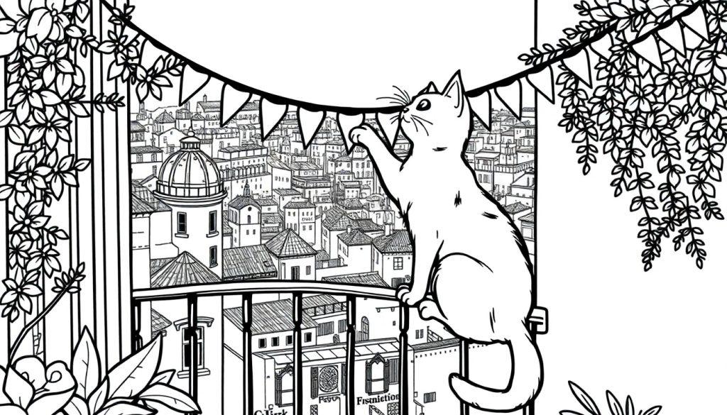 Kleurplaat van een kat op een balkon in Toulouse