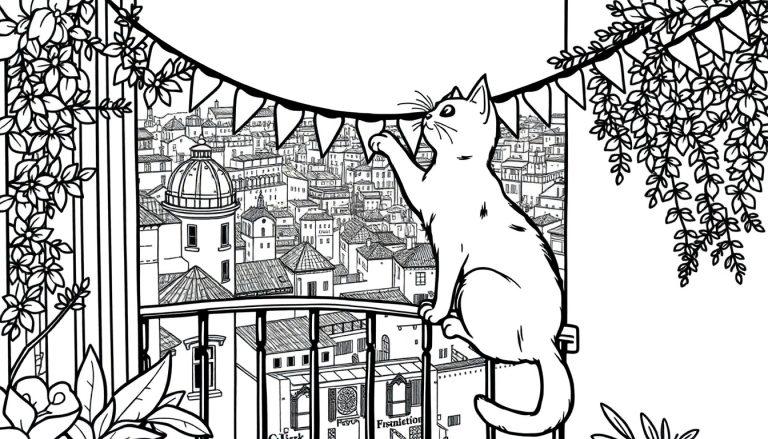 Kleurplaat van een kat op een balkon in Toulouse