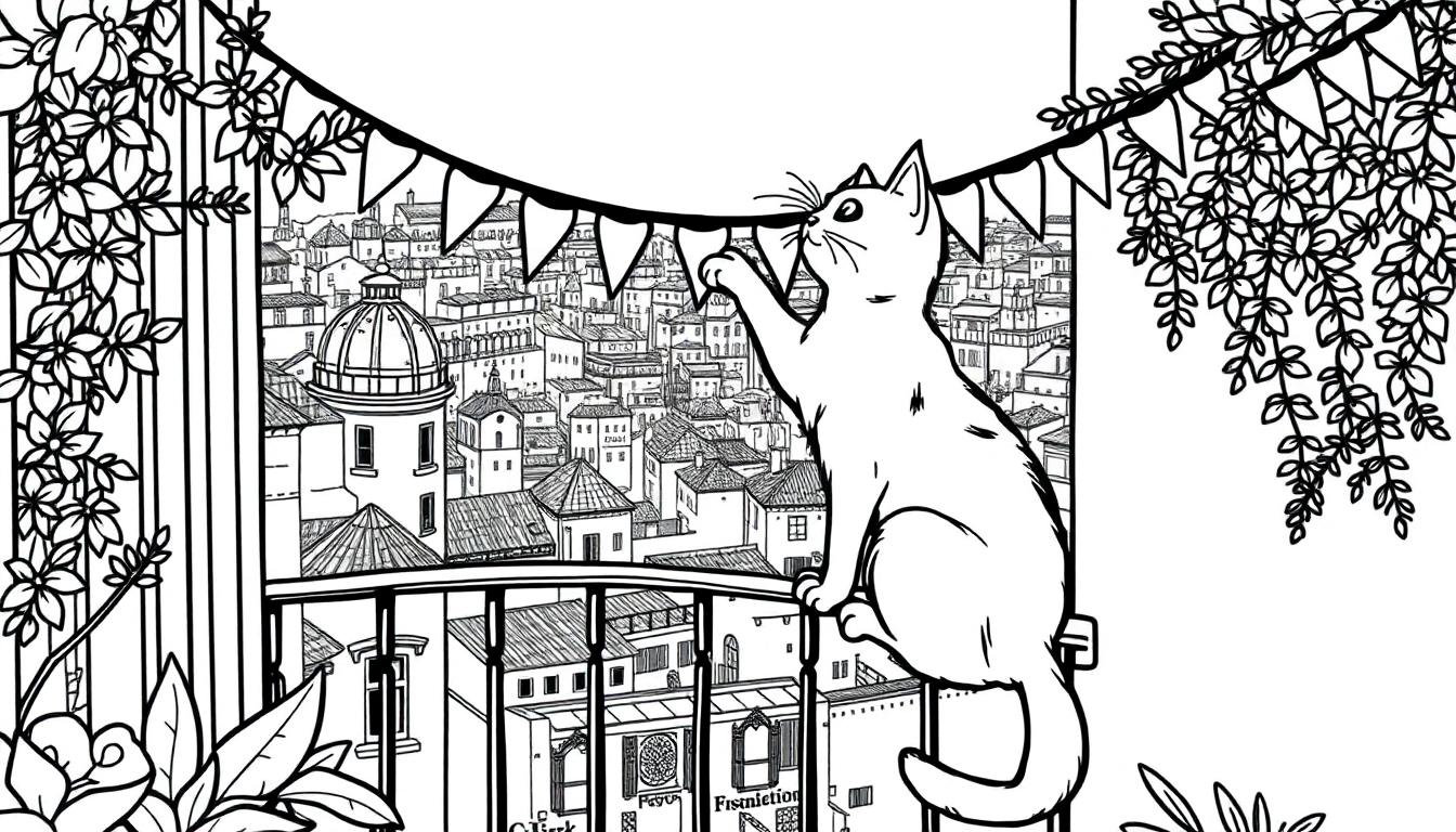 Kleurplaat van een kat op een balkon in Toulouse