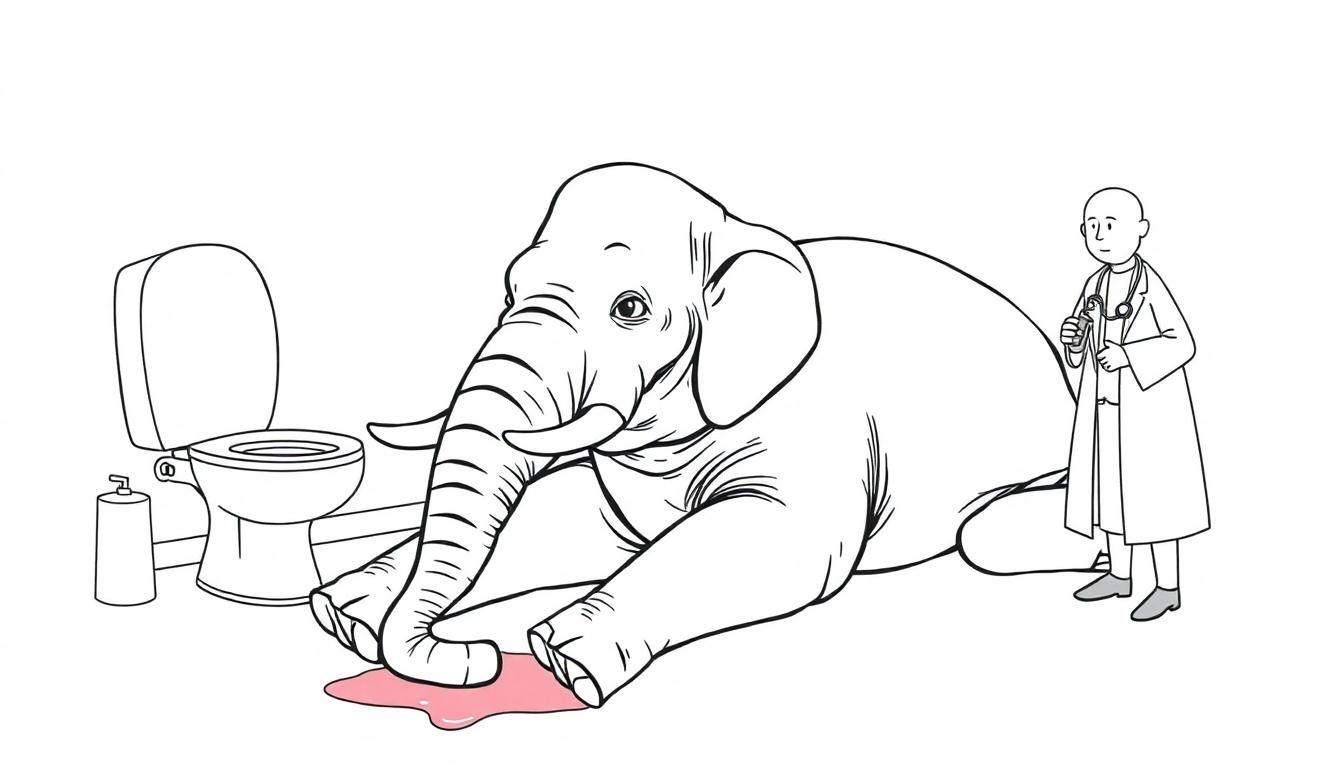 Een kleurplaat van een olifant die naar de dokter gaat na een toiletongeluk.