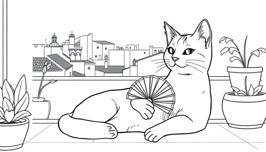 Kleurplaat van een kat die koelt met een waaier bij een raam met een stadsgezicht.