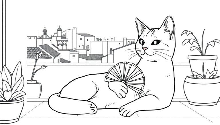 Kleurplaat van een kat die koelt met een waaier bij een raam met een stadsgezicht.