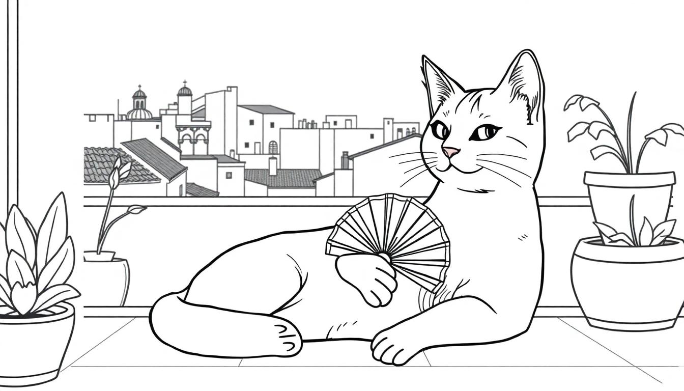 Kleurplaat van een kat die koelt met een waaier bij een raam met een stadsgezicht.