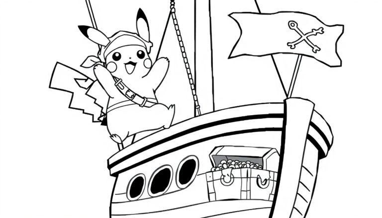 Zwart-wit kleurplaat van Pikachu als piraat op een piratenschip