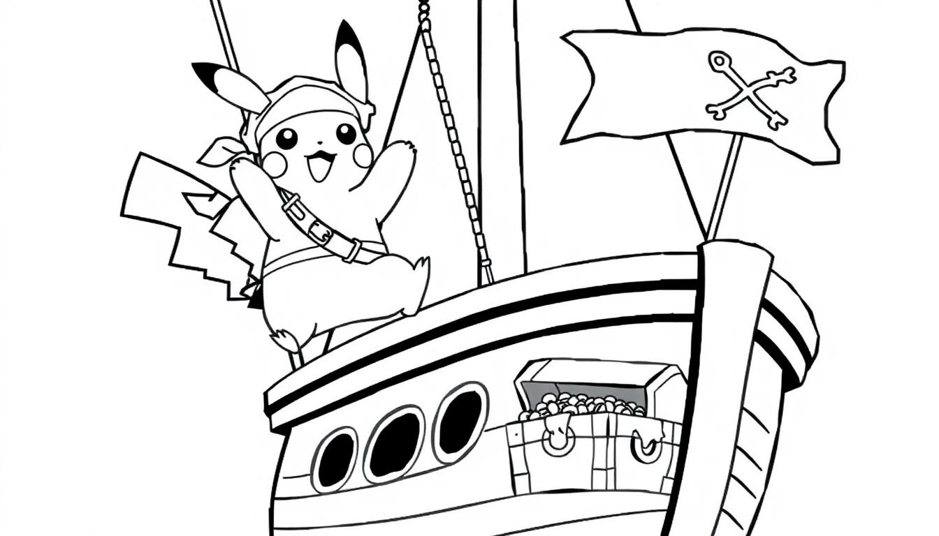 Zwart-wit kleurplaat van Pikachu als piraat op een piratenschip