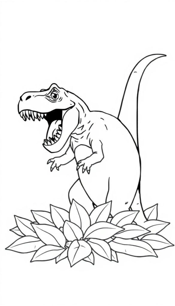 Kleurplaat van een cartoonachtige Tyrannosaurus Rex met grote bladeren.