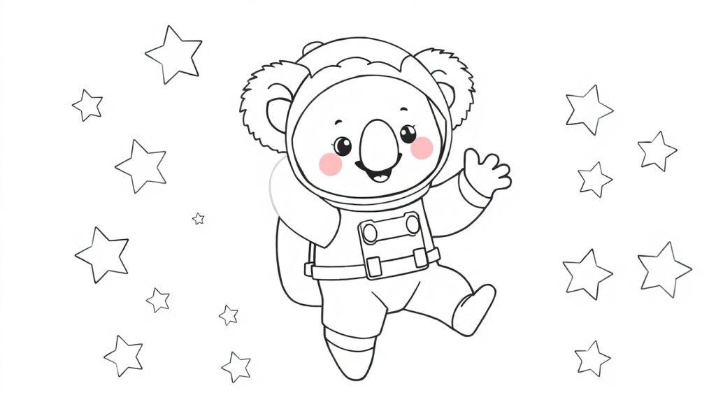Een cartoon koala astronaut zweeft in de ruimte, zwaaiend naar de kijker, als een kleurplaat.