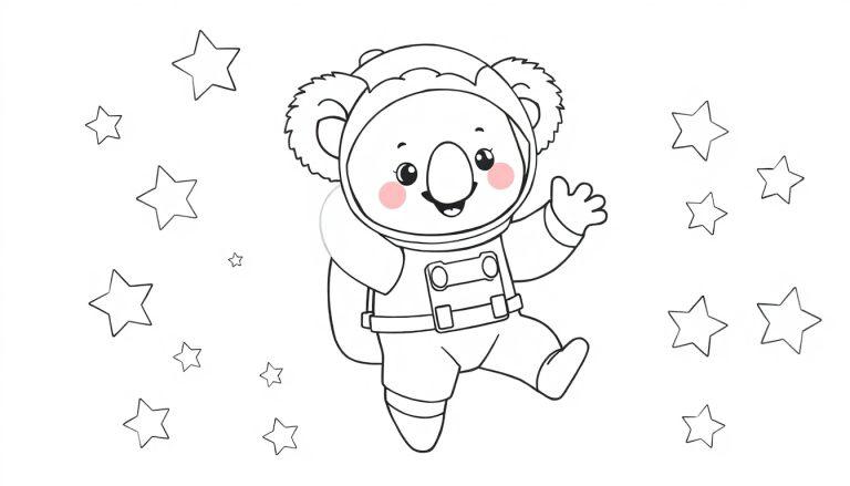 Een cartoon koala astronaut zweeft in de ruimte, zwaaiend naar de kijker, als een kleurplaat.