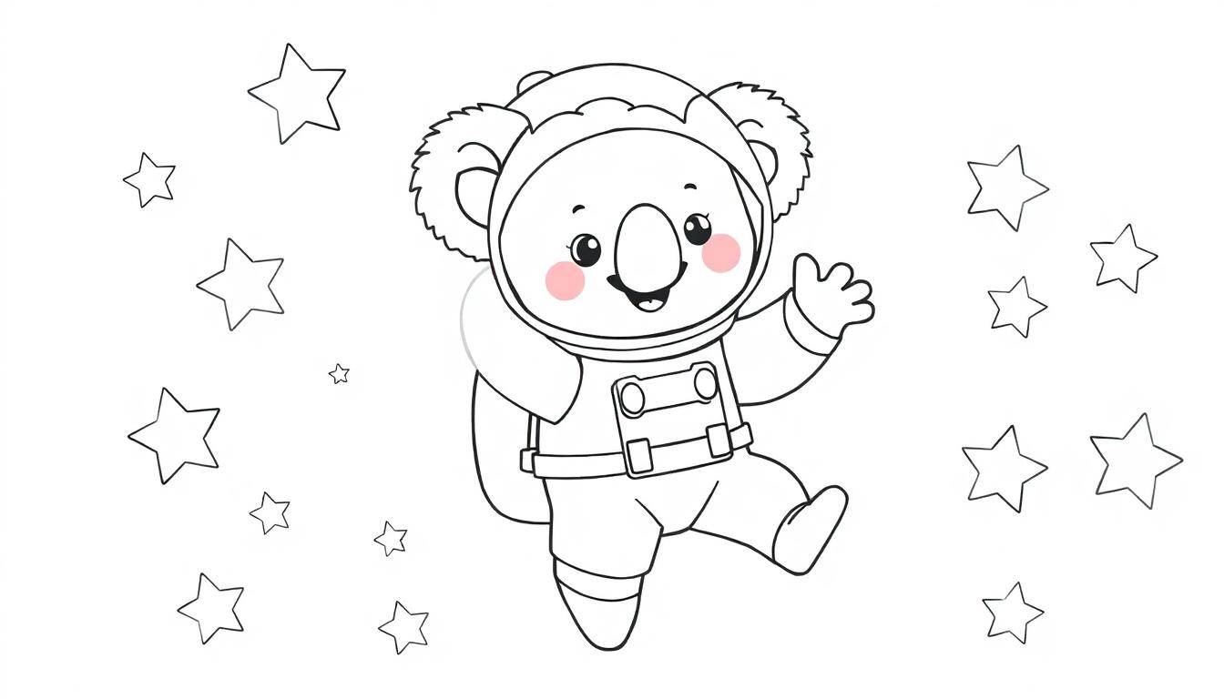 Een cartoon koala astronaut zweeft in de ruimte, zwaaiend naar de kijker, als een kleurplaat.