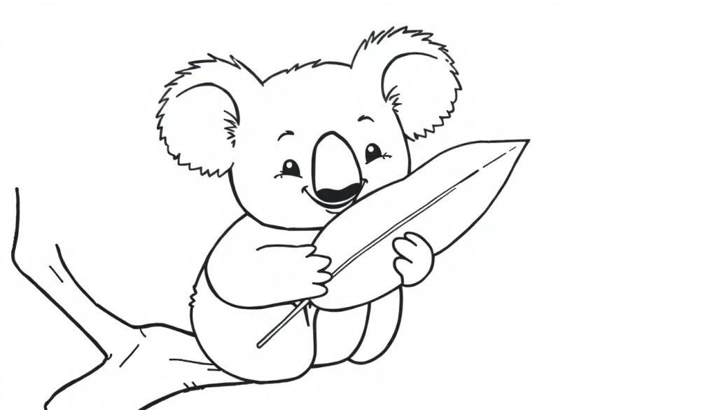 Een schattige zwart-witte tekening van een koala die op een tak zit, klaar om gekleurd te worden als kleurplaat.