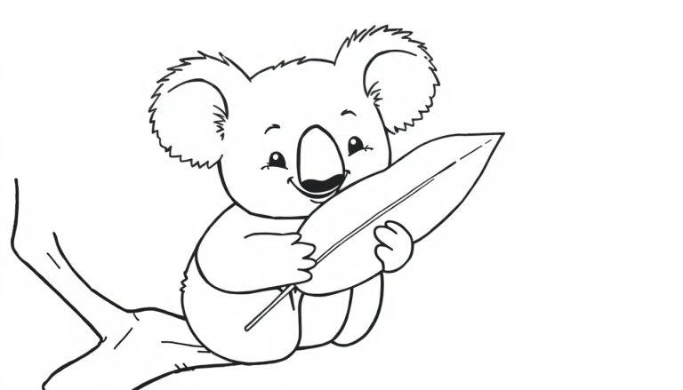 Een schattige zwart-witte tekening van een koala die op een tak zit, klaar om gekleurd te worden als kleurplaat.