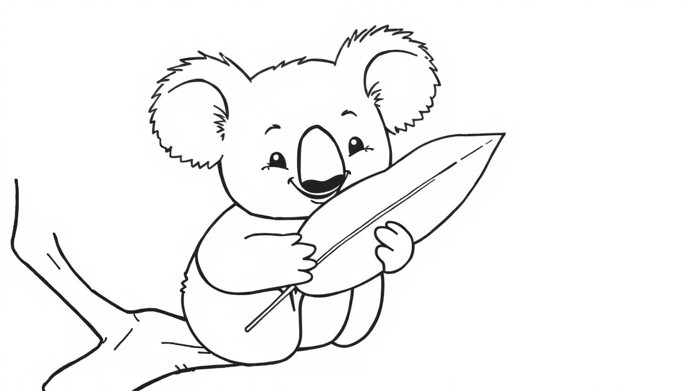 Een schattige zwart-witte tekening van een koala die op een tak zit, klaar om gekleurd te worden als kleurplaat.