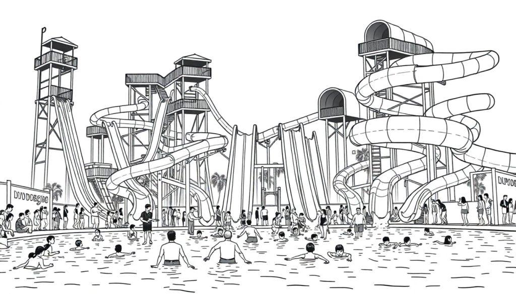Drukte in een waterpark met kleurplaten van glijbanen en zwembad.