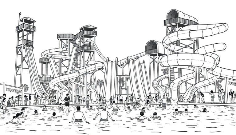 Drukte in een waterpark met kleurplaten van glijbanen en zwembad.