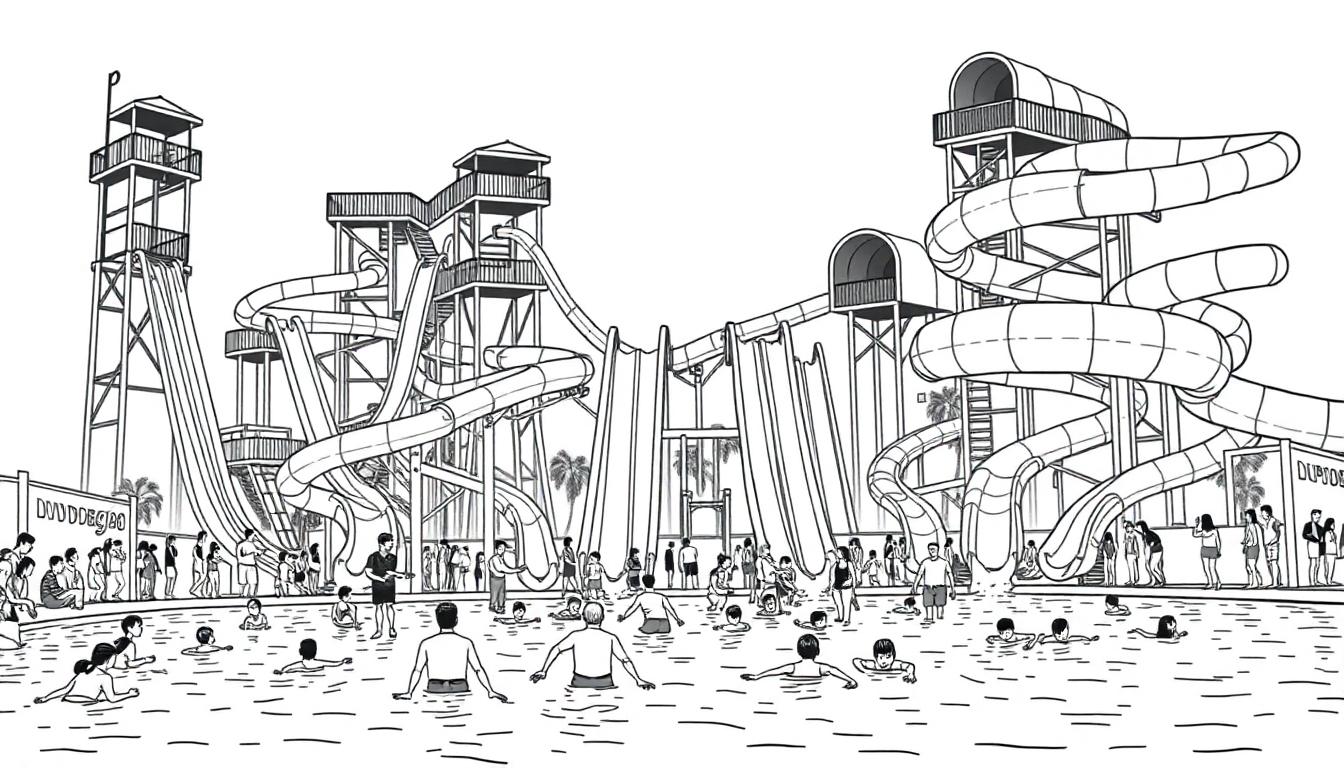 Drukte in een waterpark met kleurplaten van glijbanen en zwembad.