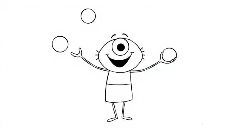 Kleurplaat van een jonglerend eenogig monster.