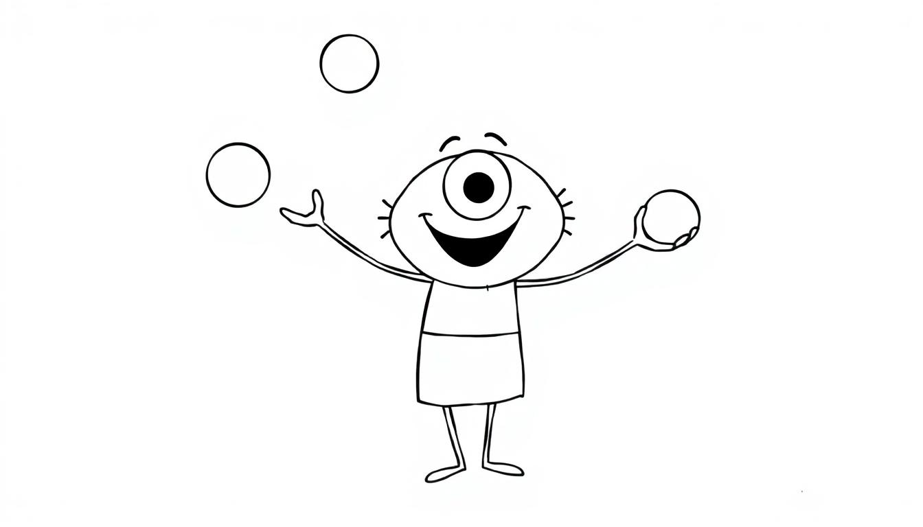 Kleurplaat van een jonglerend eenogig monster.