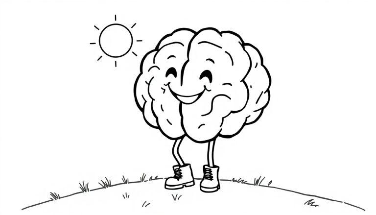 Kleurplaat van een lachend, cartoonachtig brein met schoenen op een heuvel onder een zonnetje.