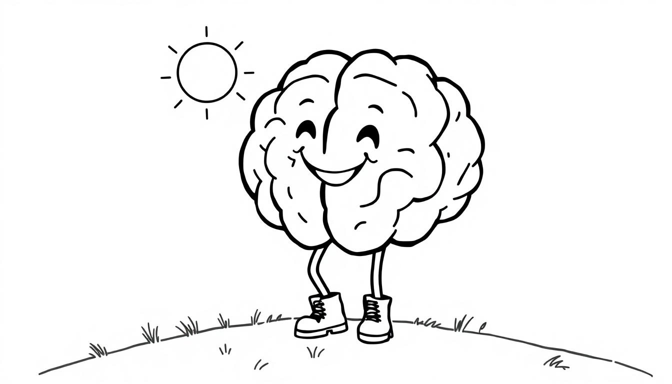 Kleurplaat van een lachend, cartoonachtig brein met schoenen op een heuvel onder een zonnetje.