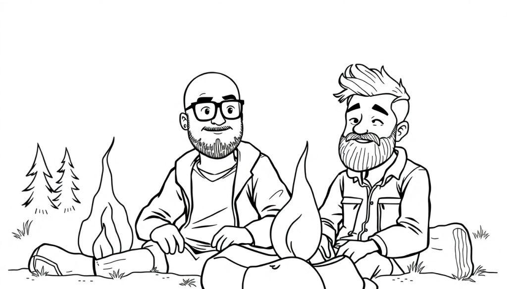 Kleurplaat van twee mannen bij een kampvuur, één met een kale kop en bril, de ander met warrig haar.