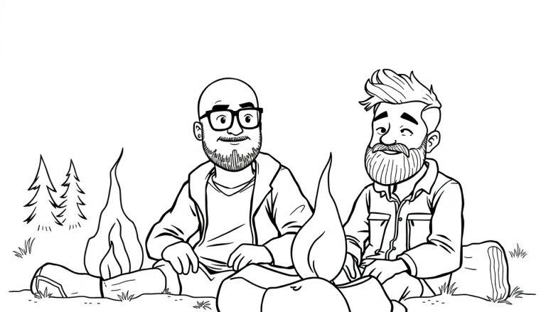 Kleurplaat van twee mannen bij een kampvuur, één met een kale kop en bril, de ander met warrig haar.