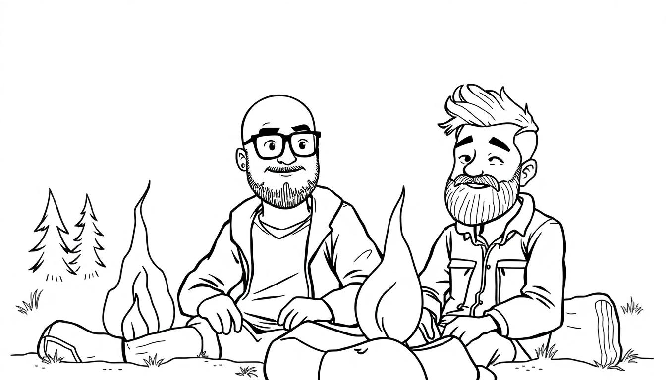 Kleurplaat van twee mannen bij een kampvuur, één met een kale kop en bril, de ander met warrig haar.